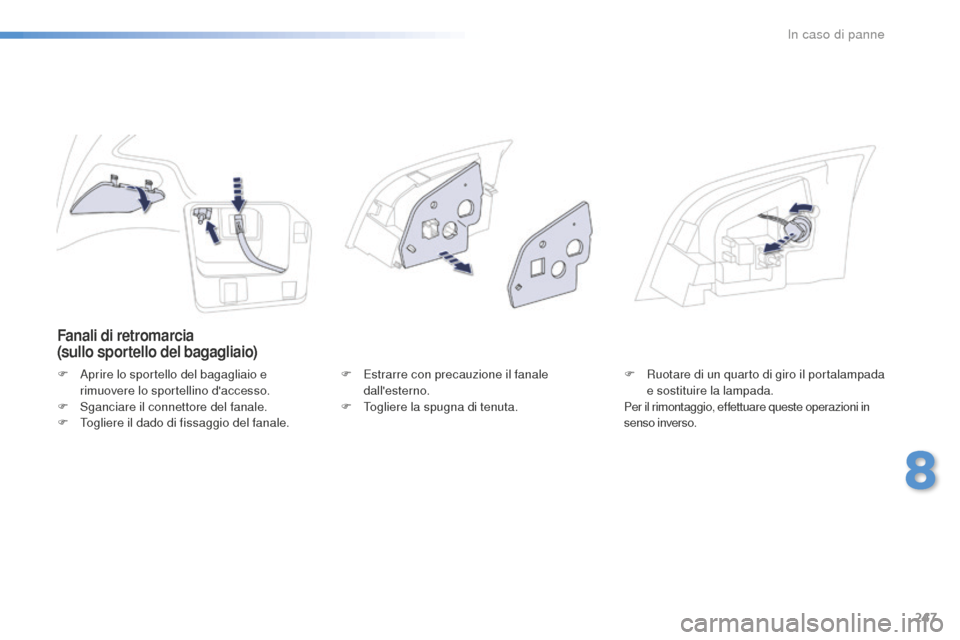 Peugeot 508 RXH 2016  Manuale del proprietario (in Italian) 247
508_it_Chap08_en-cas-de-pannes_ed01-2016
Fanali di retromarcia  
(sullo sportello del bagagliaio)
F Aprire lo sportello del bagagliaio e 
r
imuovere lo sportellino daccesso.
F
 Sg

anciare il con