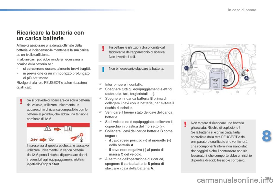 Peugeot 508 RXH 2016  Manuale del proprietario (in Italian) 255
508_it_Chap08_en-cas-de-pannes_ed01-2016
Rispettare le istruzioni duso fornite dal 
fabbricante dellapparecchio di ricarica.
Non invertire i poli.
Al fine di assicurare una durata ottimale della