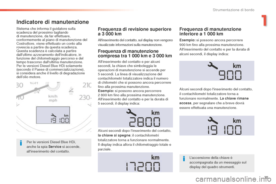 Peugeot 508 RXH 2016  Manuale del proprietario (in Italian) 33
508_it_Chap01_instrument-bord_ed01-2016
indicatore di manutenzione
Frequenza di revisione superiore 
a 3 000 k m
Allinserimento del contatto, sul display non vengono 
visualizzate informazioni sul