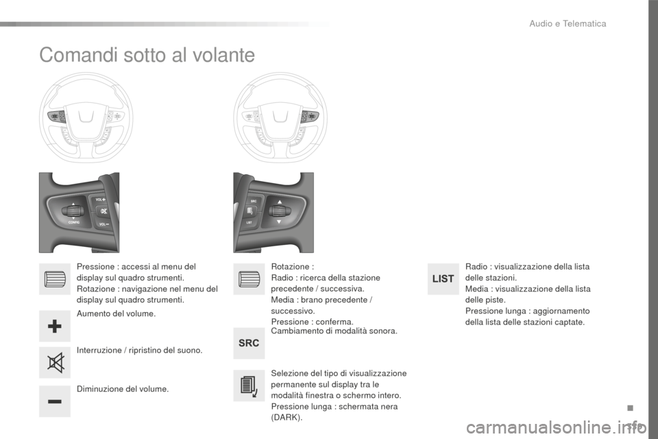 Peugeot 508 RXH 2016 Manuale del proprietario (in Italian) 339
508_it_Chap10d_RD5_ed01-2016
Comandi sotto al volante
Pressione : accessi al menu del
display sul quadro strumenti.
Rotazione : navigazione nel menu del
display sul quadro strumenti.Cambiamento Peugeot 508 RXH 2016 Manuale del proprietario (in Italian) 339
508_it_Chap10d_RD5_ed01-2016
Comandi sotto al volante
Pressione : accessi al menu del
display sul quadro strumenti.
Rotazione : navigazione nel menu del
display sul quadro strumenti.Cambiamento
