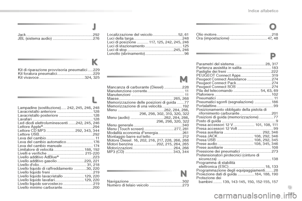 Peugeot 508 RXH 2016  Manuale del proprietario (in Italian) 355
508_it_Chap11_index-alpha_ed01-2016
Jack ...............................................................2 92
JBL (sistema audio) ...................................... 276
K
it di riparazione prov