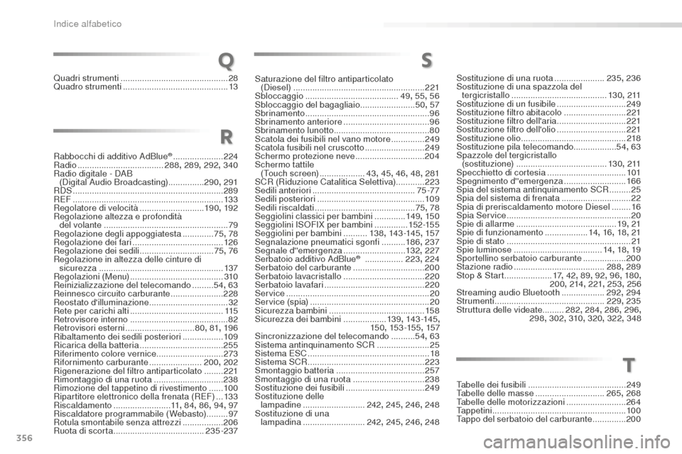 Peugeot 508 RXH 2016  Manuale del proprietario (in Italian) 356
508_it_Chap11_index-alpha_ed01-2016
Quadri strumenti .............................................28
Quadro strumenti ............................................ 13
Ra
bbocchi di additivo AdBlue
