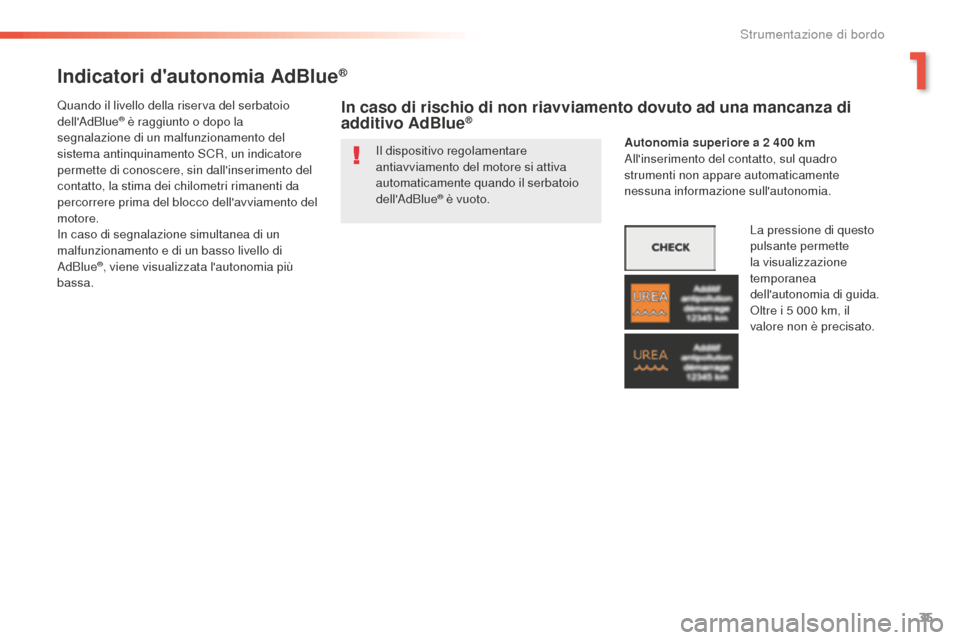 Peugeot 508 RXH 2016  Manuale del proprietario (in Italian) 35
508_it_Chap01_instrument-bord_ed01-2016
indicatori dautonomia adBlue®
Il dispositivo regolamentare 
antiavviamento del motore si attiva 
automaticamente quando il serbatoio 
dellAdBlue
® è vuo