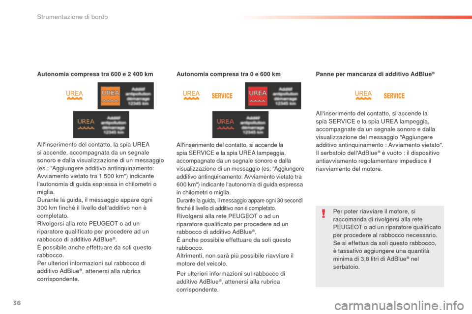 Peugeot 508 RXH 2016  Manuale del proprietario (in Italian) 36
508_it_Chap01_instrument-bord_ed01-2016
autonomia compresa tra 600 e 2 400 k m
Allinserimento del contatto, la spia UREA 
si accende, accompagnata da un segnale 
sonoro e dalla visualizzazione di 