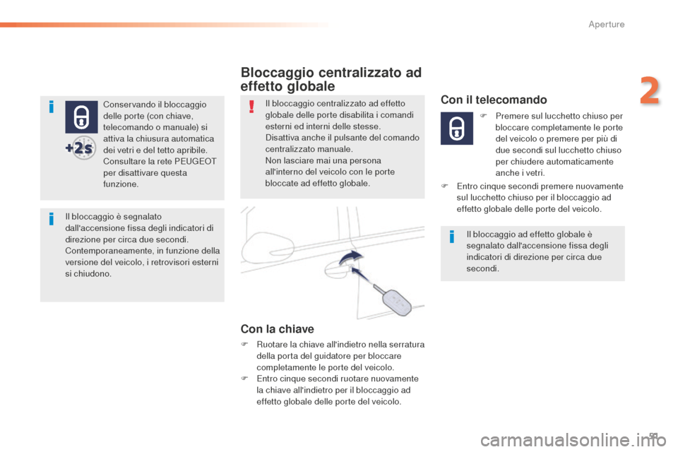Peugeot 508 RXH 2016 Manuale del proprietario (in Italian) 51
508_it_Chap02_ouvertures_ed01-2016
Conservando il bloccaggio
delle porte (con chiave,
telecomando o manuale) si
attiva la chiusura automatica
dei vetri e del tetto apribile.
Consultare la rete Peugeot 508 RXH 2016 Manuale del proprietario (in Italian) 51
508_it_Chap02_ouvertures_ed01-2016
Conservando il bloccaggio
delle porte (con chiave,
telecomando o manuale) si
attiva la chiusura automatica
dei vetri e del tetto apribile.
Consultare la rete