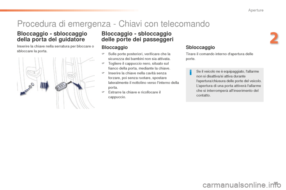 Peugeot 508 RXH 2016 Manuale del proprietario (in Italian) 53
508_it_Chap02_ouvertures_ed01-2016
Procedura di emergenza - Chiavi con telecomando
Bloccaggio - sbloccaggio
della porta del guidatore
Inserire la chiave nella serratura per bloccare o
sbloccare l Peugeot 508 RXH 2016 Manuale del proprietario (in Italian) 53
508_it_Chap02_ouvertures_ed01-2016
Procedura di emergenza - Chiavi con telecomando
Bloccaggio - sbloccaggio
della porta del guidatore
Inserire la chiave nella serratura per bloccare o
sbloccare l