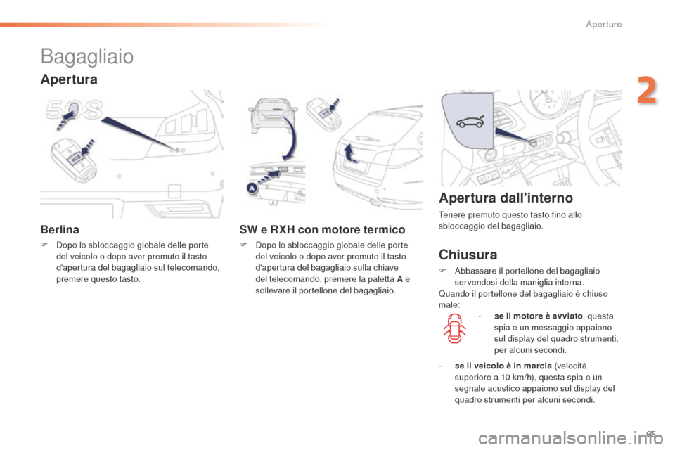 Peugeot 508 RXH 2016 Manuale del proprietario (in Italian) 65
508_it_Chap02_ouvertures_ed01-2016
Bagagliaio
Berlina
F Dopo lo sbloccaggio globale delle porte
del veicolo o dopo aver premuto il tasto
dapertura del bagagliaio sul telecomando,
premere questo Peugeot 508 RXH 2016 Manuale del proprietario (in Italian) 65
508_it_Chap02_ouvertures_ed01-2016
Bagagliaio
Berlina
F Dopo lo sbloccaggio globale delle porte
del veicolo o dopo aver premuto il tasto
dapertura del bagagliaio sul telecomando,
premere questo