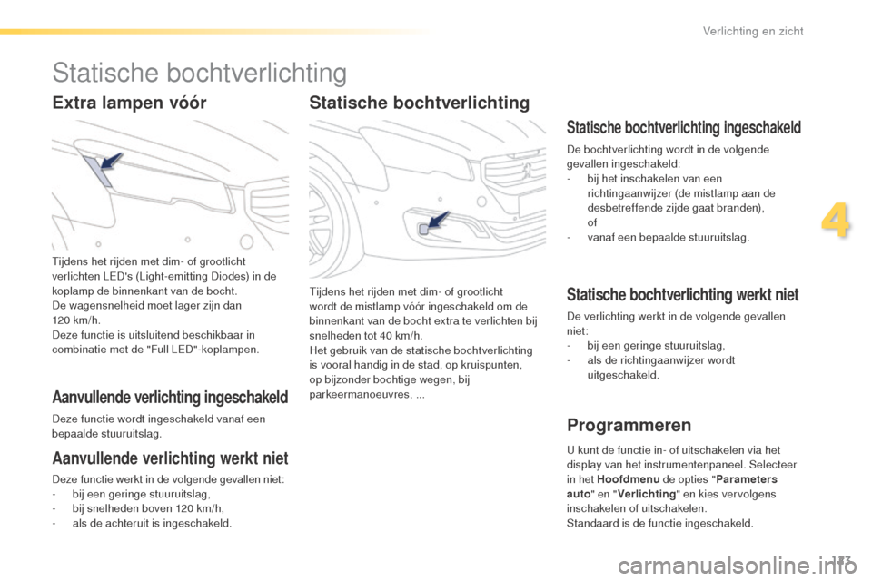Peugeot 508 RXH 2016  Handleiding (in Dutch) 123
508_nl_Chap04_eclairage-et-visibilite_ed01-2016
Statische bochtverlichting
Tijdens het rijden met dim- of grootlicht 
wordt de mistlamp vóór ingeschakeld om de 
binnenkant van de bocht extra te 