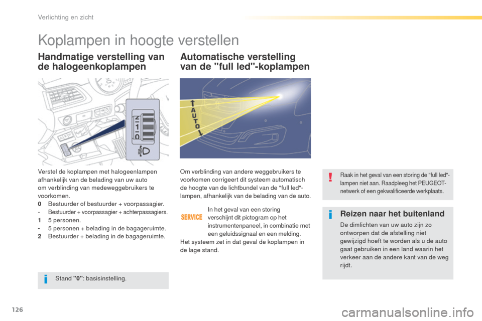 Peugeot 508 RXH 2016  Handleiding (in Dutch) 126
508_nl_Chap04_eclairage-et-visibilite_ed01-2016
Handmatige verstelling van 
de halogeenkoplampenAutomatische verstelling 
van de "full led"-koplampen
Verstel de koplampen met halogeenlampen 
afhan