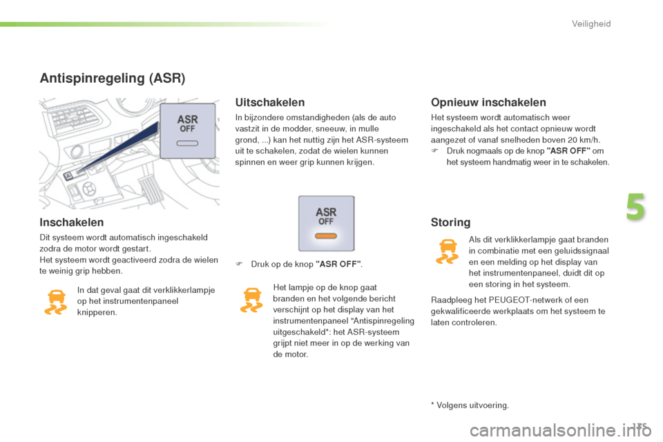 Peugeot 508 RXH 2016  Handleiding (in Dutch) 135
508_nl_Chap05_securite_ed01-2016
Inschakelen
Dit systeem wordt automatisch ingeschakeld 
zodra de motor wordt gestart.
Het systeem wordt geactiveerd zodra de wielen 
te weinig grip hebben.In dat g