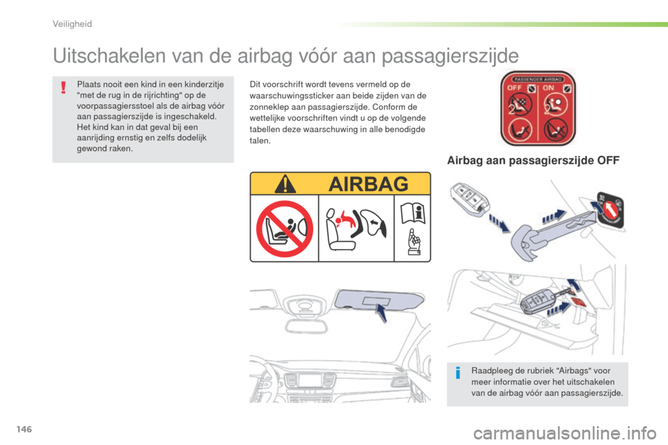 Peugeot 508 RXH 2016  Handleiding (in Dutch) 146
508_nl_Chap05_securite_ed01-2016
Uitschakelen van de airbag vóór aan passagierszijde
Raadpleeg de rubriek "Airbags" voor 
meer informatie over het uitschakelen 
van de airbag vóór aan passagie