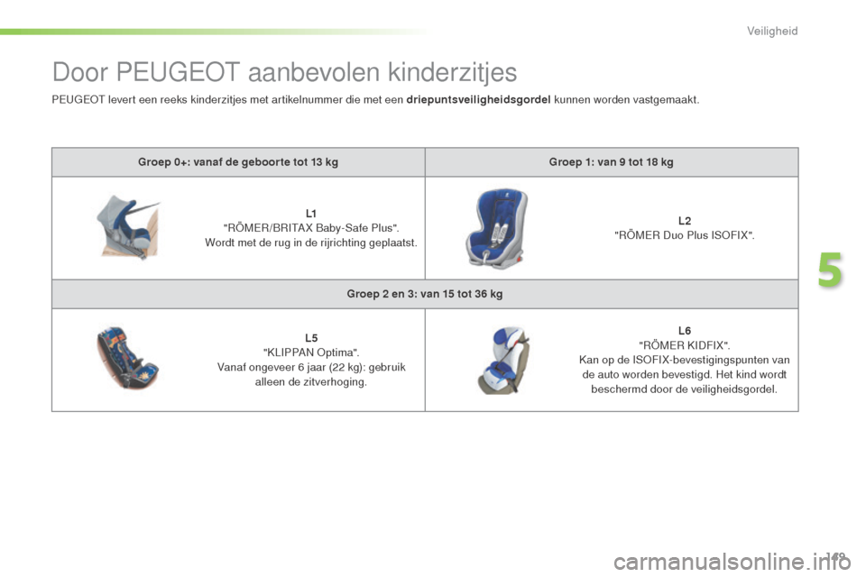 Peugeot 508 RXH 2016  Handleiding (in Dutch) 149
508_nl_Chap05_securite_ed01-2016
Door PEUGEOT aanbevolen kinderzitjes
Groep 0+: vanaf de geboor te tot 13 kgG roep 1: van 9   tot 18   kg
L1
 "

RÖMER /BRITA X Baby-Safe Plus".
Wordt met de rug i