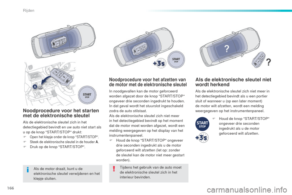 Peugeot 508 RXH 2016  Handleiding (in Dutch) 166
508_nl_Chap06_conduite_ed01-2016
Noodprocedure voor het starten 
met de elektronische sleutel
Als de elektronische sleutel zich in het 
detectiegebied bevindt en uw auto niet start als 
u op de kn