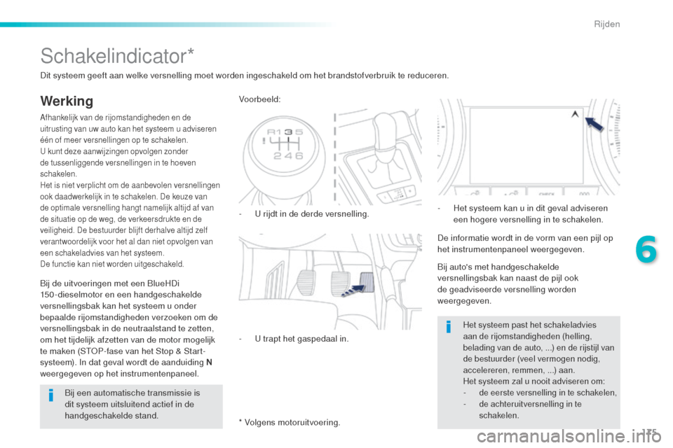 Peugeot 508 RXH 2016  Handleiding (in Dutch) 175
508_nl_Chap06_conduite_ed01-2016
Schakelindicator*
Werking
Afhankelijk van de rijomstandigheden en de 
uitrusting van uw auto kan het systeem u adviseren 
één of meer versnellingen op te schakel