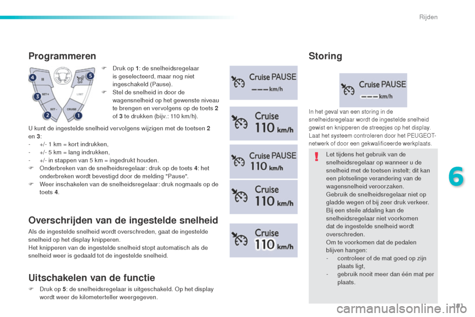 Peugeot 508 RXH 2016  Handleiding (in Dutch) 191
508_nl_Chap06_conduite_ed01-2016
F Druk op 1: de snelheidsregelaar 
is geselecteerd, maar nog niet 
ingeschakeld (Pause).
F
 
S
 tel de snelheid in door de 
wagensnelheid op het gewenste niveau 
t