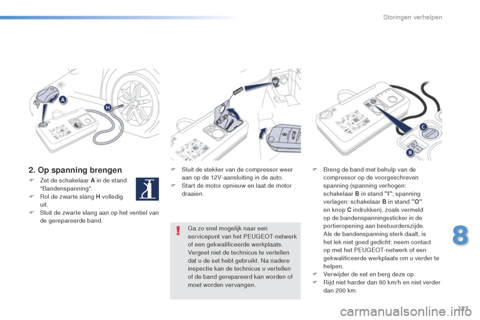 Peugeot 508 RXH 2016  Handleiding (in Dutch) 233
508_nl_Chap08_en-cas-de-pannes_ed01-2016
2. Op spanning brengenF Sluit de stekker van de compressor weer aan op de 12V-aansluiting in de auto.
F
 
S
 tart de motor opnieuw en laat de motor 
draaie