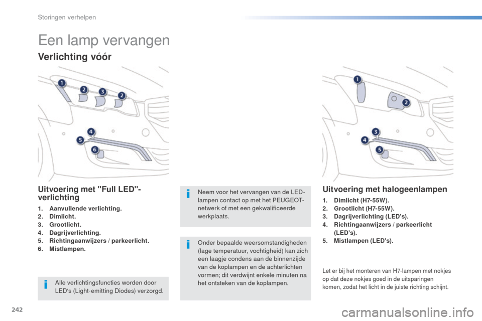 Peugeot 508 RXH 2016 Handleiding (in Dutch) 242
508_nl_Chap08_en-cas-de-pannes_ed01-2016
Een lamp vervangen
Verlichting vóór
Uitvoering met "Full LED"-
verlichting
1. Aanvullende verlichting.
2. Dimlicht.
3.
G
rootlicht.
4.
D
agrijverlich Peugeot 508 RXH 2016 Handleiding (in Dutch) 242
508_nl_Chap08_en-cas-de-pannes_ed01-2016
Een lamp vervangen
Verlichting vóór
Uitvoering met "Full LED"-
verlichting
1. Aanvullende verlichting.
2. Dimlicht.
3.
G
rootlicht.
4.
D
agrijverlich