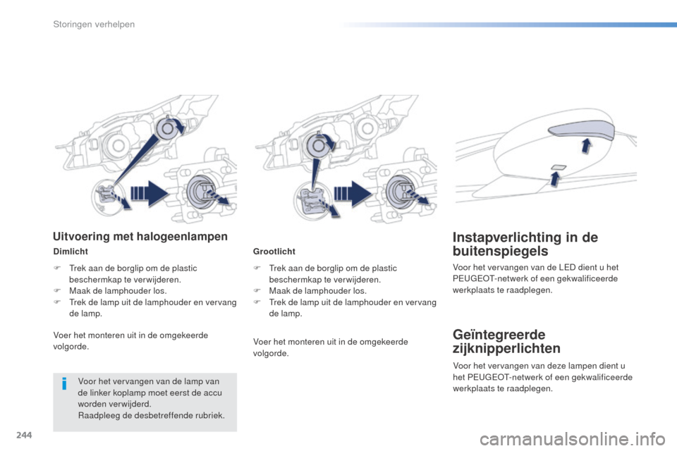 Peugeot 508 RXH 2016 Handleiding (in Dutch) 244
508_nl_Chap08_en-cas-de-pannes_ed01-2016
Grootlicht
F
T
rek aan de borglip om de plastic
beschermkap te verwijderen.
F
M
aak de lamphouder los.
F
T
rek de lamp uit de lamphouder en vervan Peugeot 508 RXH 2016 Handleiding (in Dutch) 244
508_nl_Chap08_en-cas-de-pannes_ed01-2016
Grootlicht
F
T
rek aan de borglip om de plastic
beschermkap te verwijderen.
F
M
aak de lamphouder los.
F
T
rek de lamp uit de lamphouder en vervan