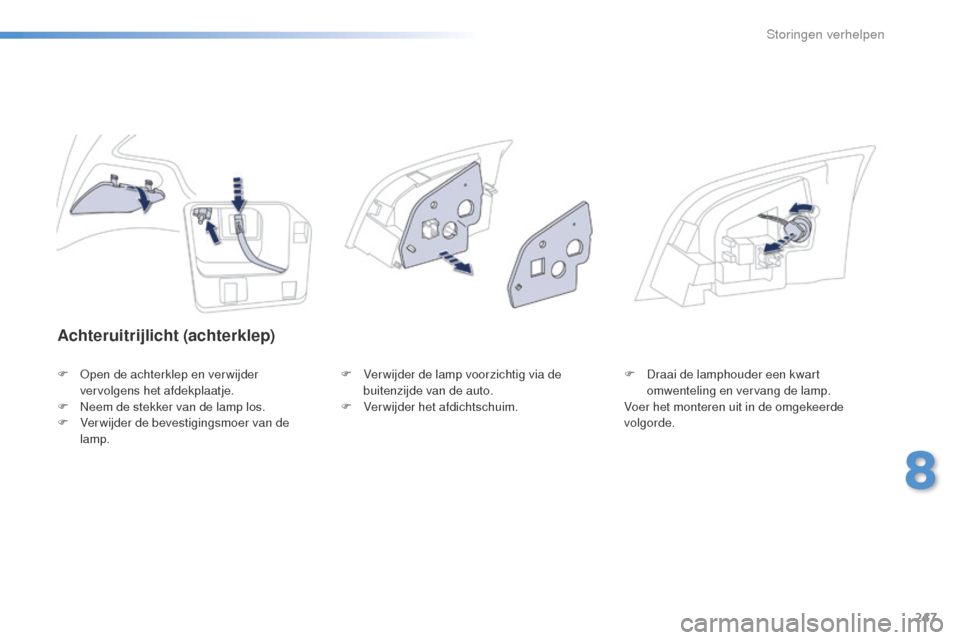 Peugeot 508 RXH 2016 Handleiding (in Dutch) 247
508_nl_Chap08_en-cas-de-pannes_ed01-2016
Achteruitrijlicht (achterklep)
F Open de achterklep en verwijder vervolgens het afdekplaatje.
F
N
eem de stekker van de lamp los.
F
V
er wijder de be Peugeot 508 RXH 2016 Handleiding (in Dutch) 247
508_nl_Chap08_en-cas-de-pannes_ed01-2016
Achteruitrijlicht (achterklep)
F Open de achterklep en verwijder vervolgens het afdekplaatje.
F
N
eem de stekker van de lamp los.
F
V
er wijder de be