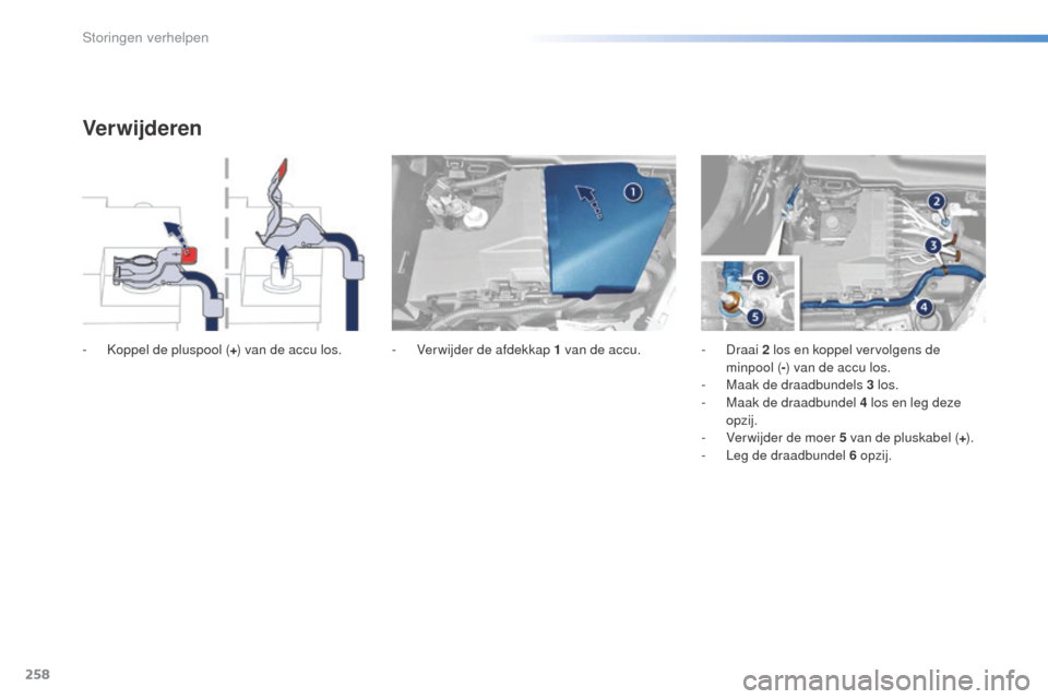 Peugeot 508 RXH 2016 Handleiding (in Dutch) 258
508_nl_Chap08_en-cas-de-pannes_ed01-2016
Verwijderen
- Koppel de pluspool (+) van de accu los. - V erwijder de afdekkap 1 van de accu.- Draai 2 los en koppel vervolgens de
minpool ( -) van de a Peugeot 508 RXH 2016 Handleiding (in Dutch) 258
508_nl_Chap08_en-cas-de-pannes_ed01-2016
Verwijderen
- Koppel de pluspool (+) van de accu los. - V erwijder de afdekkap 1 van de accu.- Draai 2 los en koppel vervolgens de
minpool ( -) van de a