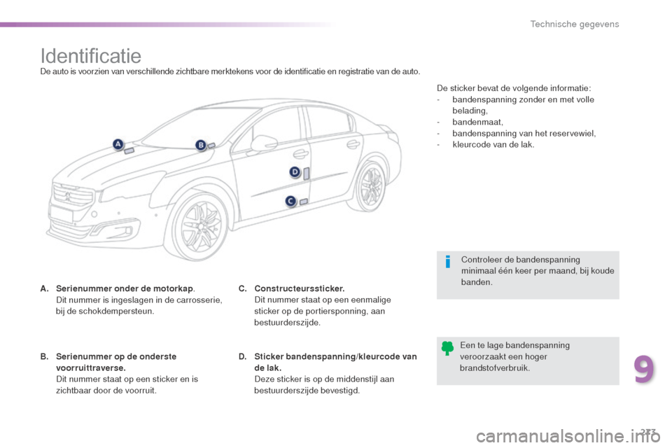 Peugeot 508 RXH 2016  Handleiding (in Dutch) 273
508_nl_Chap09_caracteristiques-techniques_ed01-2016
IdentificatieDe auto is voorzien van verschillende zichtbare merktekens voor de identificatie en registratie van de auto.
A.
 S
erienummer onder