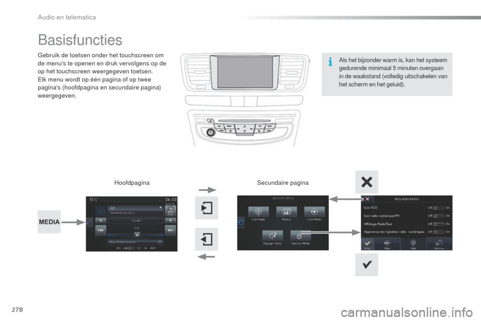 Peugeot 508 RXH 2016  Handleiding (in Dutch) 278
508_nl_Chap10c_SMEGplus_ed01-2016
Basisfuncties
Gebruik de toetsen onder het touchscreen om 
de menus te openen en druk vervolgens op de 
op het touchscreen weergegeven toetsen.
Elk menu wordt op