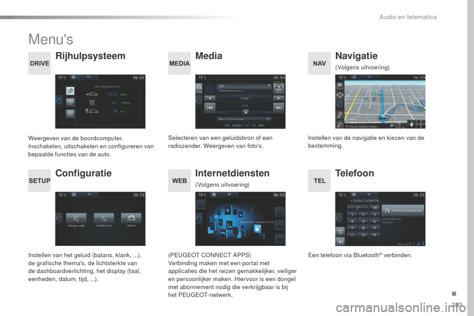 Peugeot 508 RXH 2016  Handleiding (in Dutch) 281
508_nl_Chap10c_SMEGplus_ed01-2016
Menus
Media
Rijhulpsysteem Navigatie
Selecteren van een geluidsbron of een 
radiozender. Weergeven van fotos.
Weergeven van de boordcomputer.
Inschakelen, uitsc