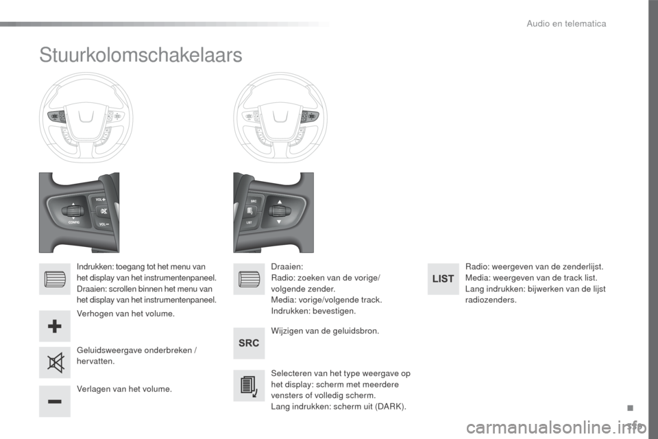 Peugeot 508 RXH 2016 Handleiding (in Dutch) 339
508_nl_Chap10d_RD5_ed01-2016
Stuurkolomschakelaars
Indrukken: toegang tot het menu van
het display van het instrumentenpaneel.
Draaien: scrollen binnen het menu van
het display van het instrumen Peugeot 508 RXH 2016 Handleiding (in Dutch) 339
508_nl_Chap10d_RD5_ed01-2016
Stuurkolomschakelaars
Indrukken: toegang tot het menu van
het display van het instrumentenpaneel.
Draaien: scrollen binnen het menu van
het display van het instrumen