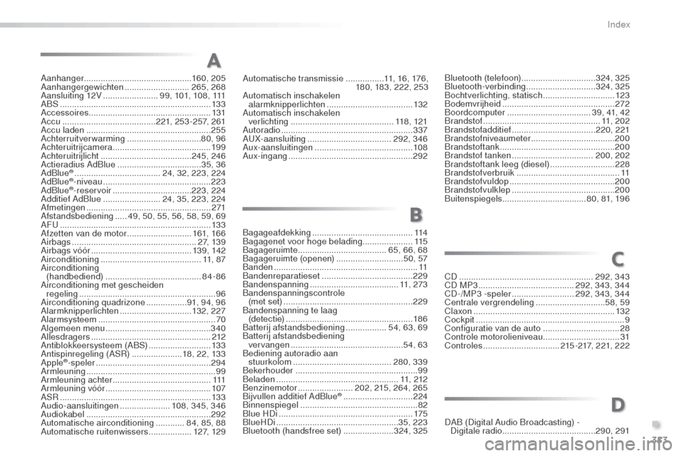 Peugeot 508 RXH 2016 Handleiding (in Dutch) 353
508_nl_Chap11_index-alpha_ed01-2016
Aanhanger............................................. 160, 205
Aanhangergewichten ........................... 26
5, 268
Aansluiting 12V
...................... Peugeot 508 RXH 2016 Handleiding (in Dutch) 353
508_nl_Chap11_index-alpha_ed01-2016
Aanhanger............................................. 160, 205
Aanhangergewichten ........................... 26
5, 268
Aansluiting 12V
......................