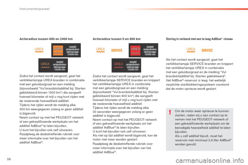 Peugeot 508 RXH 2016  Handleiding (in Dutch) 36
508_nl_Chap01_instrument-bord_ed01-2016
Actieradius tussen 600 en 2400 km
Zodra het contact wordt aangezet, gaat het 
verklikkerlampje UREA branden in combinatie 
met een geluidssignaal en een meld