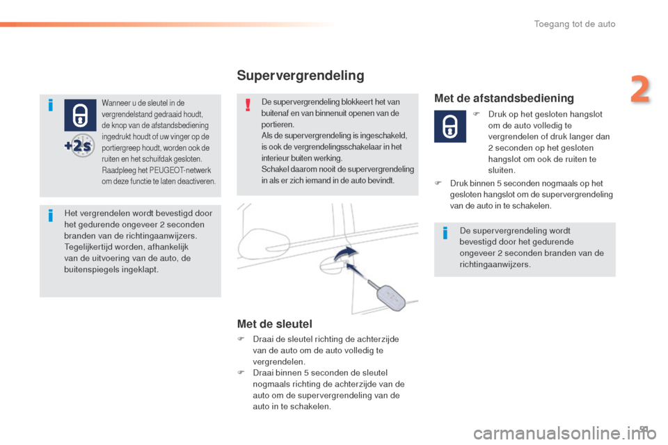Peugeot 508 RXH 2016 Handleiding (in Dutch) 51
508_nl_Chap02_ouvertures_ed01-2016
Wanneer u de sleutel in de
vergrendelstand gedraaid houdt,
de knop van de afstandsbediening
ingedrukt houdt of uw vinger op de
portiergreep houdt, worden ook Peugeot 508 RXH 2016 Handleiding (in Dutch) 51
508_nl_Chap02_ouvertures_ed01-2016
Wanneer u de sleutel in de
vergrendelstand gedraaid houdt,
de knop van de afstandsbediening
ingedrukt houdt of uw vinger op de
portiergreep houdt, worden ook