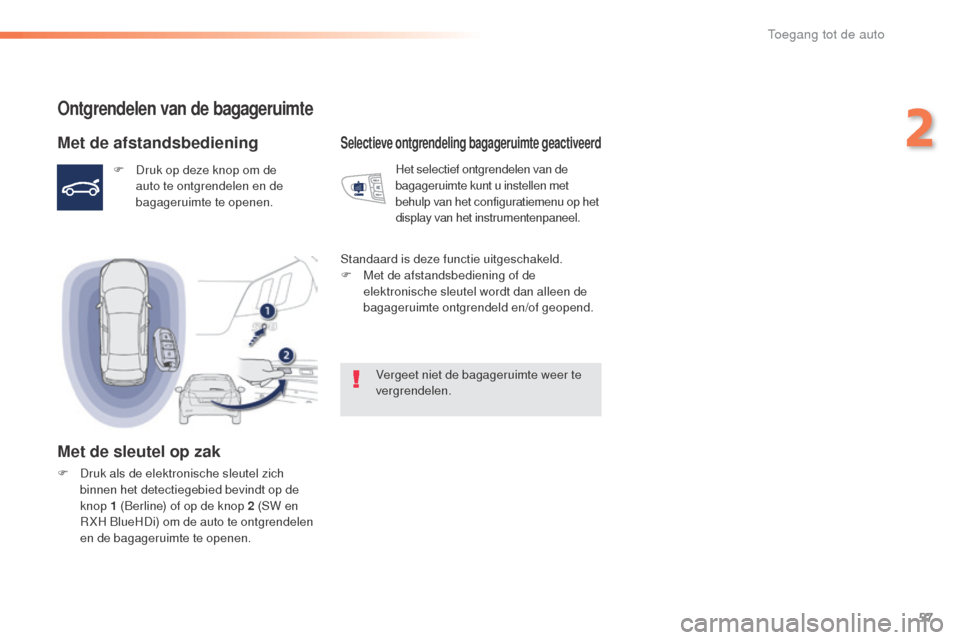 Peugeot 508 RXH 2016 Handleiding (in Dutch) 57
508_nl_Chap02_ouvertures_ed01-2016
Ontgrendelen van de bagageruimte
Met de afstandsbediening
F Druk op deze knop om de auto te ontgrendelen en de
bagageruimte te openen.
Met de sleutel op zak
F Dr Peugeot 508 RXH 2016 Handleiding (in Dutch) 57
508_nl_Chap02_ouvertures_ed01-2016
Ontgrendelen van de bagageruimte
Met de afstandsbediening
F Druk op deze knop om de auto te ontgrendelen en de
bagageruimte te openen.
Met de sleutel op zak
F Dr