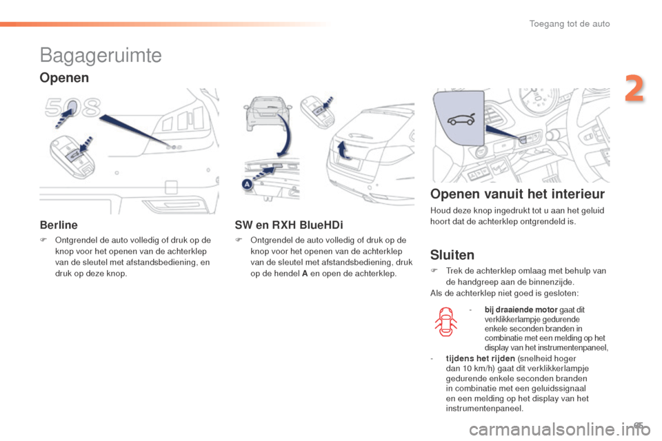Peugeot 508 RXH 2016 Handleiding (in Dutch) 65
508_nl_Chap02_ouvertures_ed01-2016
Bagageruimte
Berline
F Ontgrendel de auto volledig of druk op de knop voor het openen van de achterklep
van de sleutel met afstandsbediening, en
druk op deze kn Peugeot 508 RXH 2016 Handleiding (in Dutch) 65
508_nl_Chap02_ouvertures_ed01-2016
Bagageruimte
Berline
F Ontgrendel de auto volledig of druk op de knop voor het openen van de achterklep
van de sleutel met afstandsbediening, en
druk op deze kn