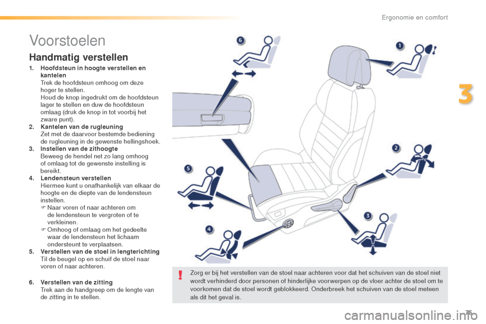 Peugeot 508 RXH 2016  Handleiding (in Dutch) 75
508_nl_Chap03_ergonomie-et-confort_ed01-2016
Vo or stoelen
Handmatig verstellen
1. Hoofdsteun in hoogte verstellen en kantelen  
 T

rek de hoofdsteun omhoog om deze 
hoger te stellen.
 H

oud de k
