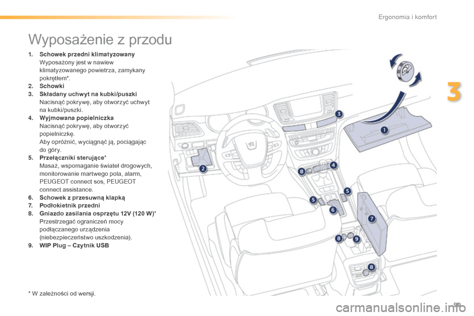 Peugeot 508 RXH 2016  Instrukcja Obsługi (in Polish) 99
508_pl_Chap03_ergonomie-et-confort_ed01-2016
Wyposażenie z przodu
1. Schowek przedni klimatyzowany  W
yposażony jest w   nawiew 
klimatyzowanego powietrza, zamykany 
p o k r ęt ł e m*.
2.
 Sc

