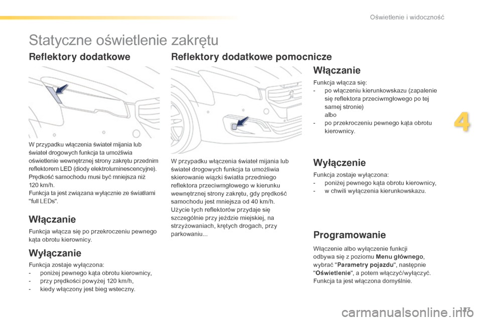 Peugeot 508 RXH 2016  Instrukcja Obsługi (in Polish) 123
508_pl_Chap04_eclairage-et-visibilite_ed01-2016
Reflektory dodatkowe pomocnicze
W przypadku włączenia świateł mijania lub 
świateł drogowych funkcja ta umożliwia 
skierowanie wiązki świat
