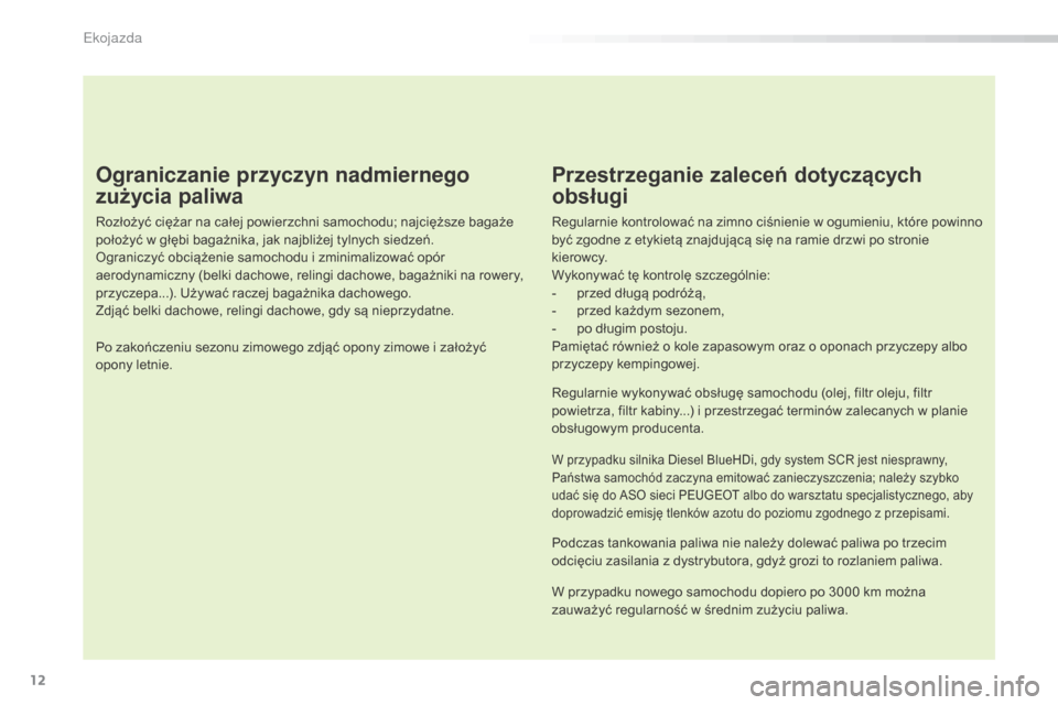 Peugeot 508 RXH 2016  Instrukcja Obsługi (in Polish) 12
508_pl_Chap00c_eco-conduite_ed01-2016
Ograniczanie przyczyn nadmiernego 
zużycia paliwa
Rozłożyć ciężar na całej powierzchni samochodu; najcięższe bagaże 
położyć w głębi bagażnika,