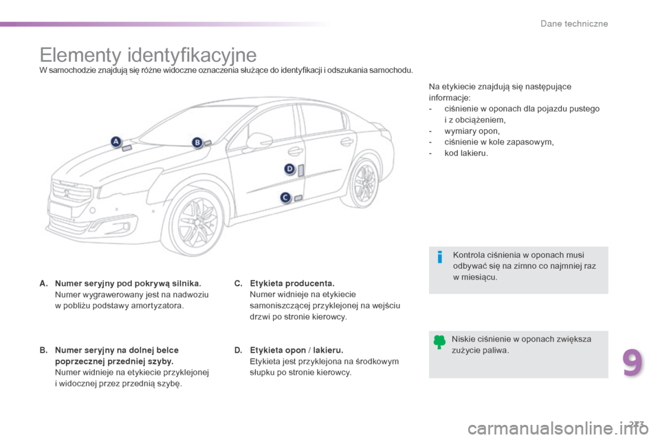 Peugeot 508 RXH 2016  Instrukcja Obsługi (in Polish) 273
508_pl_Chap09_caracteristiques-techniques_ed01-2016
Elementy identyfikacyjneW samochodzie znajdują się różne widoczne oznaczenia służące do identyfikacji i odszukania samochodu.
A.
 N
umer 