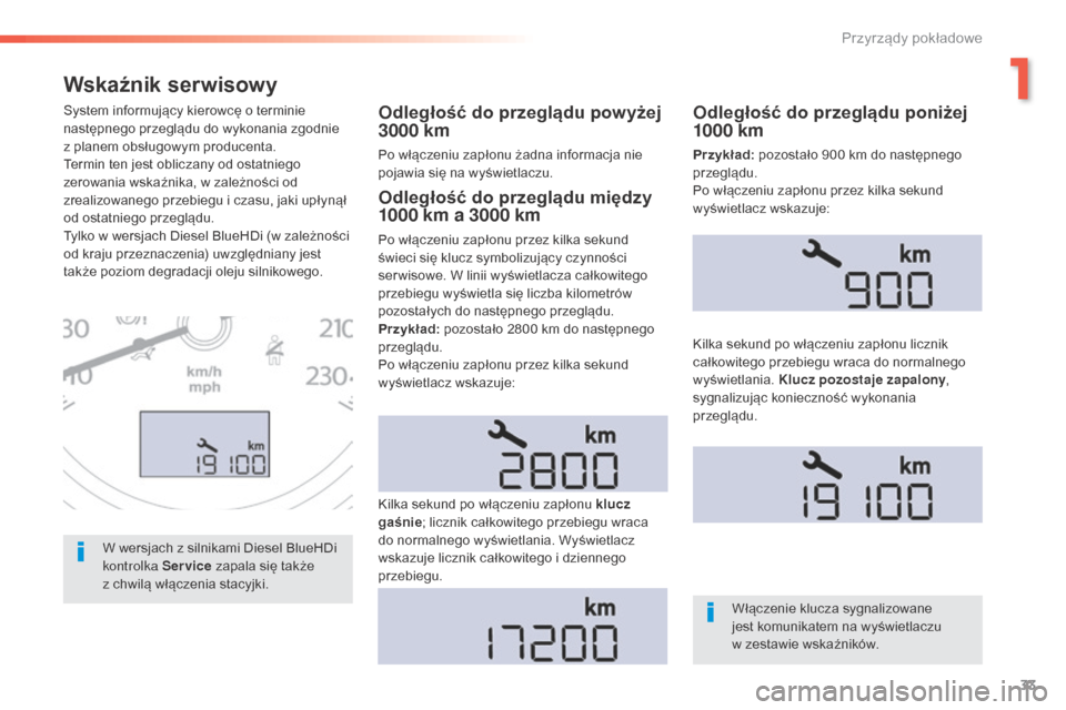 Peugeot 508 RXH 2016  Instrukcja Obsługi (in Polish) 33
508_pl_Chap01_instrument-bord_ed01-2016
Wskaźnik serwisowy
Odległość do przeglądu powyżej 
3000 km
Po włączeniu zapłonu żadna informacja nie 
pojawia się na wyświetlaczu.
System informu