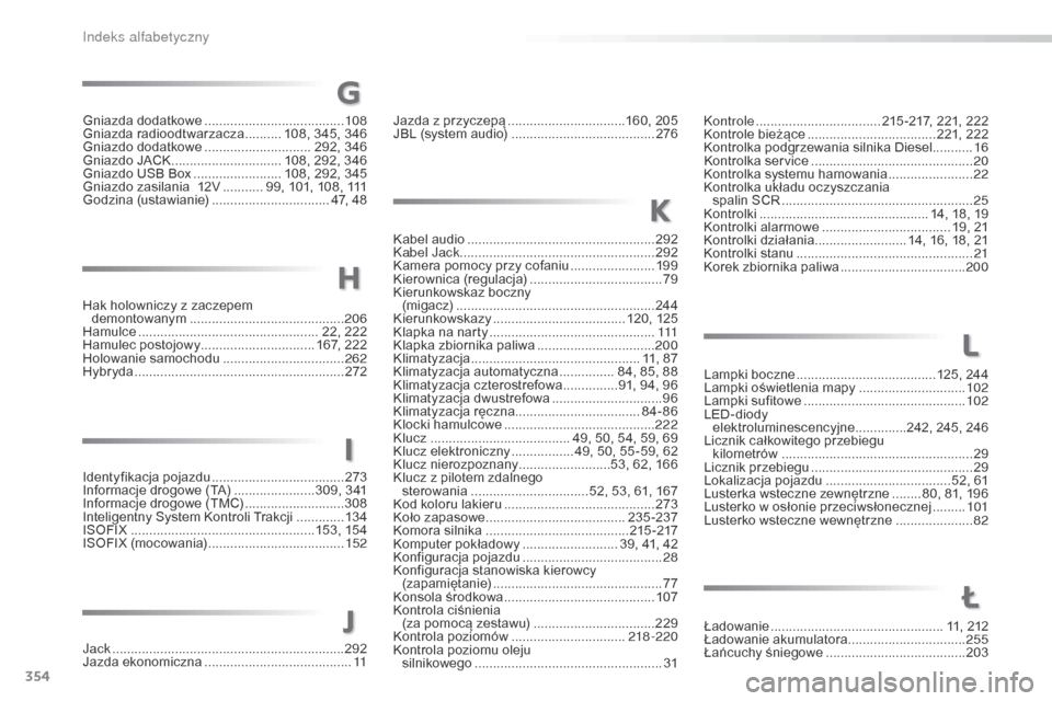 Peugeot 508 RXH 2016  Instrukcja Obsługi (in Polish) 354
508_pl_Chap11_index-alpha_ed01-2016
Kabel audio ...................................................2 92
Kabel Jack ............................... ......................292
Kamera pomocy przy cofa