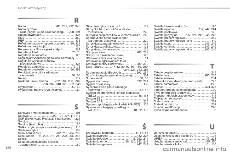 Peugeot 508 RXH 2016  Instrukcja Obsługi (in Polish) 356
508_pl_Chap11_index-alpha_ed01-2016
Radio .................................... 288, 289, 292, 340
Radio cyfrowe -   DAB (Digital Audio Broadcasting)
 
......2
 90, 291
Radioodtwarzacz
 ...........