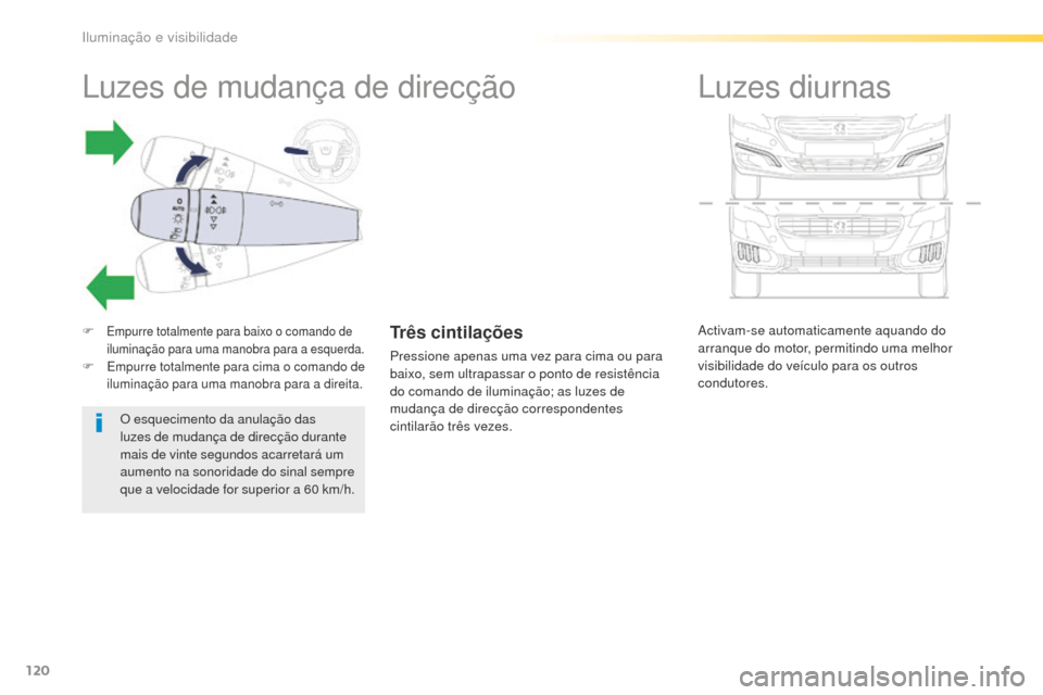 Peugeot 508 RXH 2016  Manual do proprietário (in Portuguese) 120
508_pt_Chap04_eclairage-et-visibilite_ed01-2016
Activam-se automaticamente aquando do 
arranque do motor, permitindo uma melhor 
visibilidade do veículo para os outros 
condutores.
Luzes diurnas
