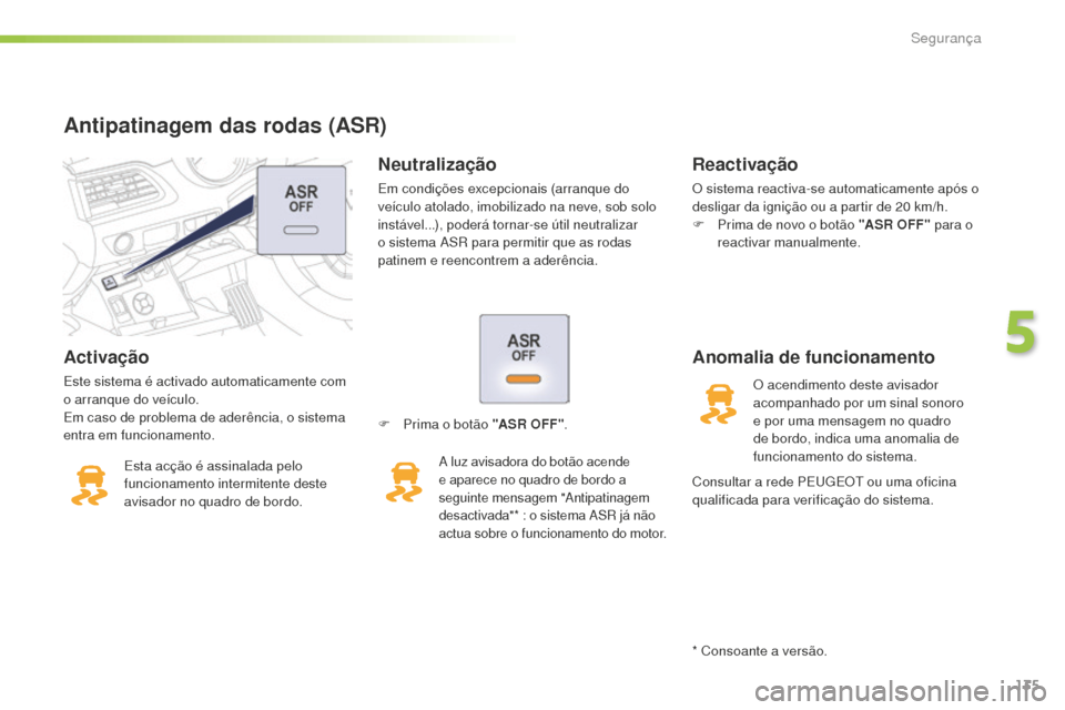 Peugeot 508 RXH 2016 Manual do proprietário (in Portuguese) 135
508_pt_Chap05_securite_ed01-2016
Activação
Este sistema é activado automaticamente com
o arranque do veículo.
Em caso de problema de aderência, o sistema
entra em funcionamento.Esta acção Peugeot 508 RXH 2016 Manual do proprietário (in Portuguese) 135
508_pt_Chap05_securite_ed01-2016
Activação
Este sistema é activado automaticamente com
o arranque do veículo.
Em caso de problema de aderência, o sistema
entra em funcionamento.Esta acção