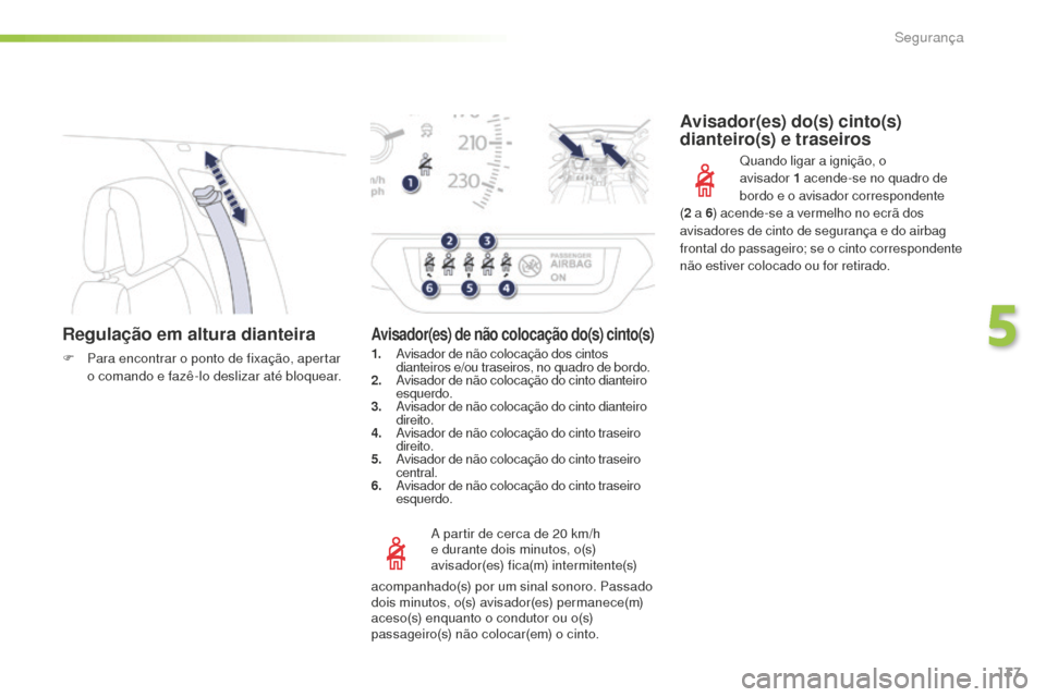 Peugeot 508 RXH 2016 Manual do proprietário (in Portuguese) 137
508_pt_Chap05_securite_ed01-2016
Regulação em altura dianteira
F Para encontrar o ponto de fixação, apertar o comando e fazê-lo deslizar até bloquear.
A partir de cerca de 20
km/h
e duran Peugeot 508 RXH 2016 Manual do proprietário (in Portuguese) 137
508_pt_Chap05_securite_ed01-2016
Regulação em altura dianteira
F Para encontrar o ponto de fixação, apertar o comando e fazê-lo deslizar até bloquear.
A partir de cerca de 20
km/h
e duran