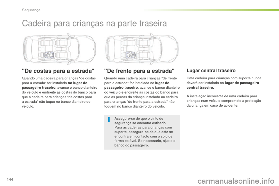 Peugeot 508 RXH 2016  Manual do proprietário (in Portuguese) 144
508_pt_Chap05_securite_ed01-2016
Cadeira para crianças na parte traseira
"De costas para a estrada"
Quando uma cadeira para crianças "de costas 
para a estrada" for instalada no lugar do 
passag