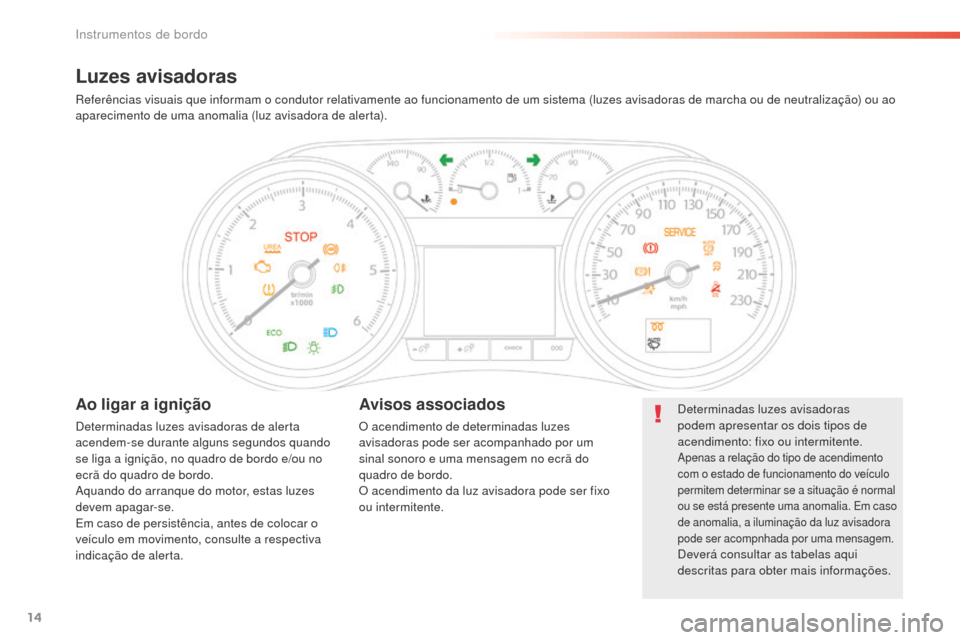 Peugeot 508 RXH 2016  Manual do proprietário (in Portuguese) 14
508 _ pt _Chap01_instrument-bord_ed01-2016
Luzes avisadoras
Referências visuais que informam o condutor relativamente ao funcionamento de um sistema (luzes avisadoras de marcha ou de neutralizaç