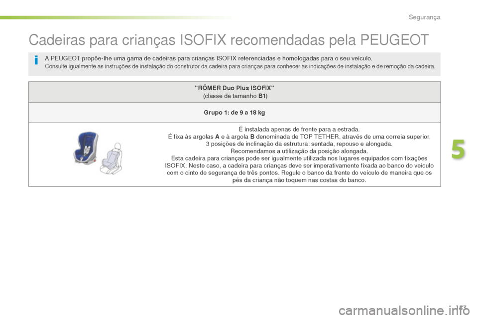 Peugeot 508 RXH 2016 Manual do proprietário (in Portuguese) 153
508_pt_Chap05_securite_ed01-2016
Cadeiras para crianças ISOFIX recomendadas pela PEUGEOT
"RÖMER Duo Plus ISOFIX" (classe de tamanho B1 )
Grupo 1: de 9
a 18 kg
É instalada apenas de frente Peugeot 508 RXH 2016 Manual do proprietário (in Portuguese) 153
508_pt_Chap05_securite_ed01-2016
Cadeiras para crianças ISOFIX recomendadas pela PEUGEOT
"RÖMER Duo Plus ISOFIX" (classe de tamanho B1 )
Grupo 1: de 9
a 18 kg
É instalada apenas de frente