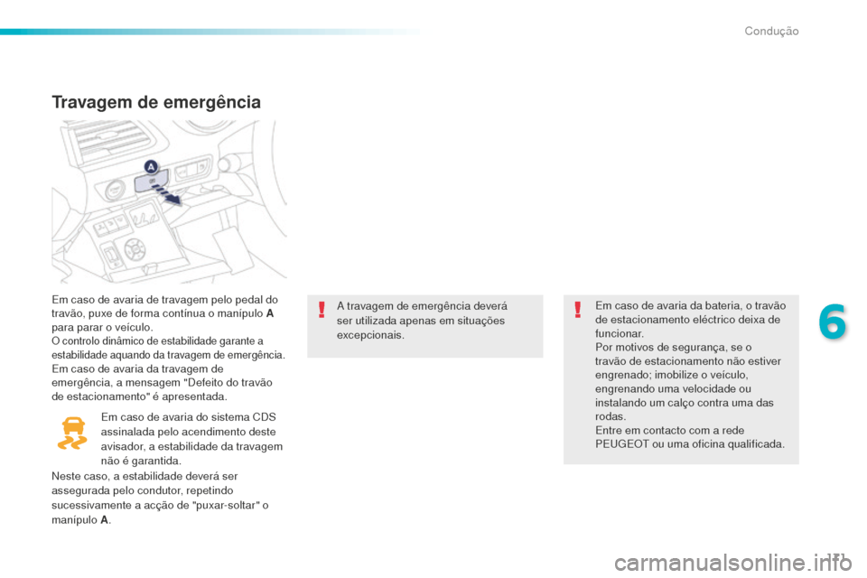 Peugeot 508 RXH 2016  Manual do proprietário (in Portuguese) 171
508_pt_Chap06_conduite_ed01-2016
Travagem de emergência
Em caso de avaria de travagem pelo pedal do 
travão, puxe de forma contínua o manípulo A 
para parar o veículo.
O controlo dinâmico de