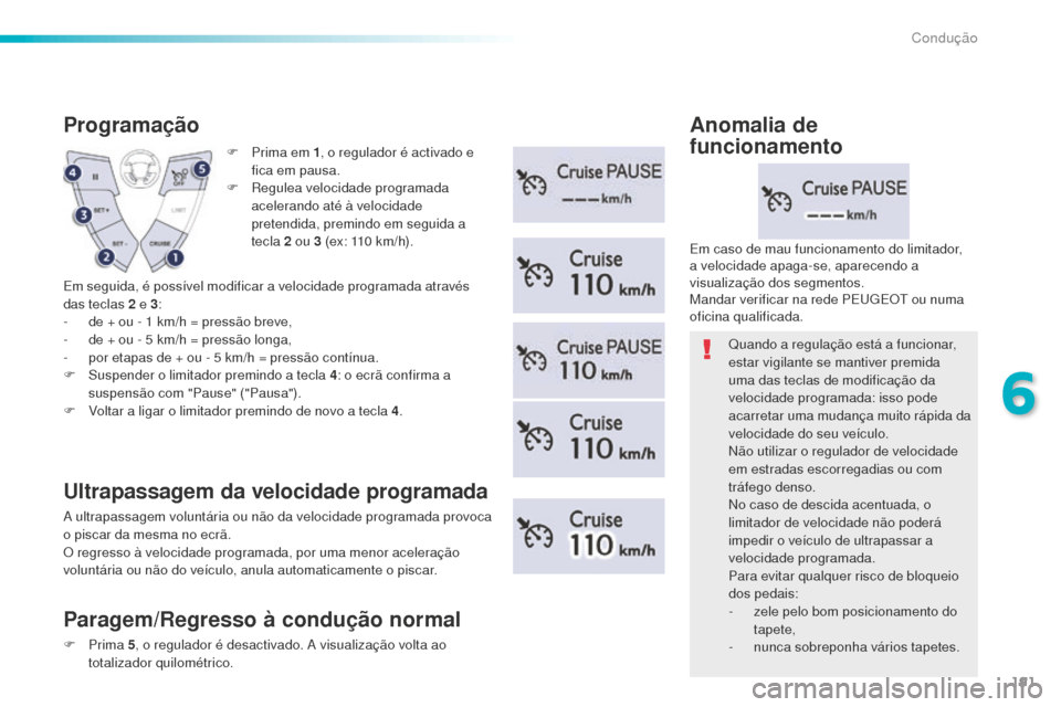 Peugeot 508 RXH 2016  Manual do proprietário (in Portuguese) 191
508_pt_Chap06_conduite_ed01-2016
F Prima em 1, o regulador é activado e 
fica em pausa.
F
 
R
 egulea velocidade programada 
acelerando até à velocidade 
pretendida, premindo em seguida a 
tecl