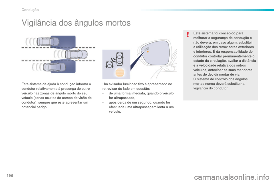 Peugeot 508 RXH 2016  Manual do proprietário (in Portuguese) 196
508_pt_Chap06_conduite_ed01-2016
Vigilância dos ângulos mortos
Este sistema de ajuda à condução informa o 
condutor relativamente à presença de outro 
veículo nas zonas de ângulo morto do
